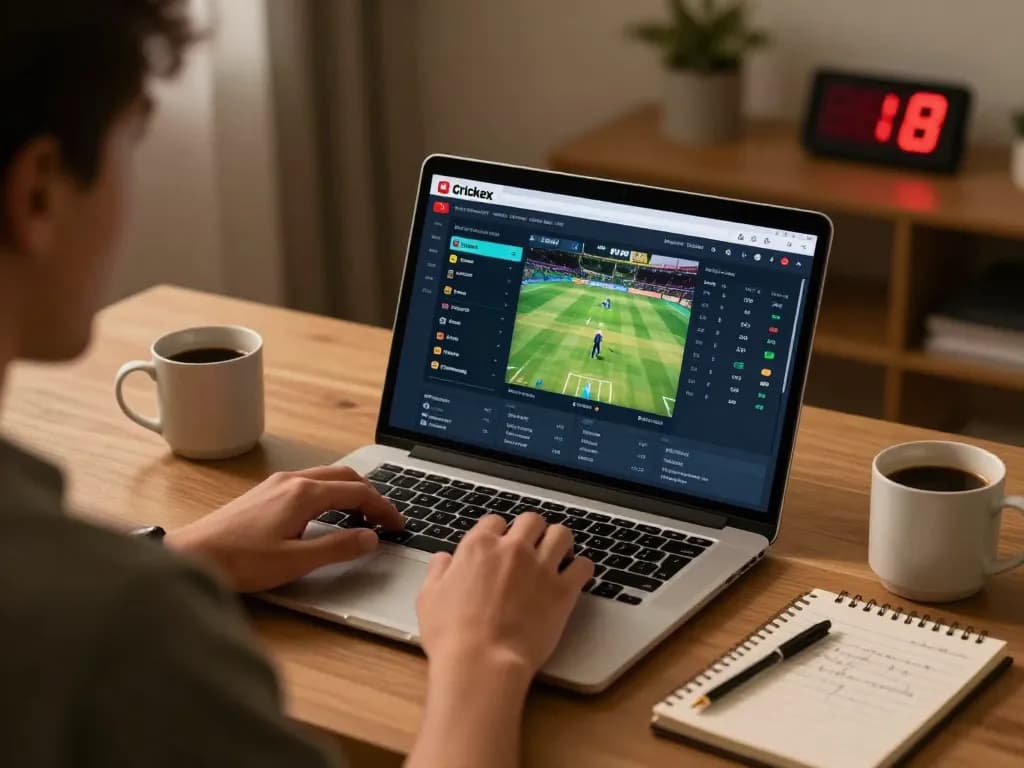 Crickex user placing bets on cricket matches with detailed statistics on laptop screen