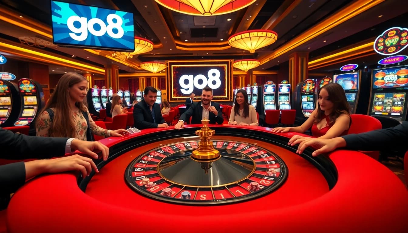 Players engaging in gambling excitement at a go8 casino, focused on winning big at poker and roulette.