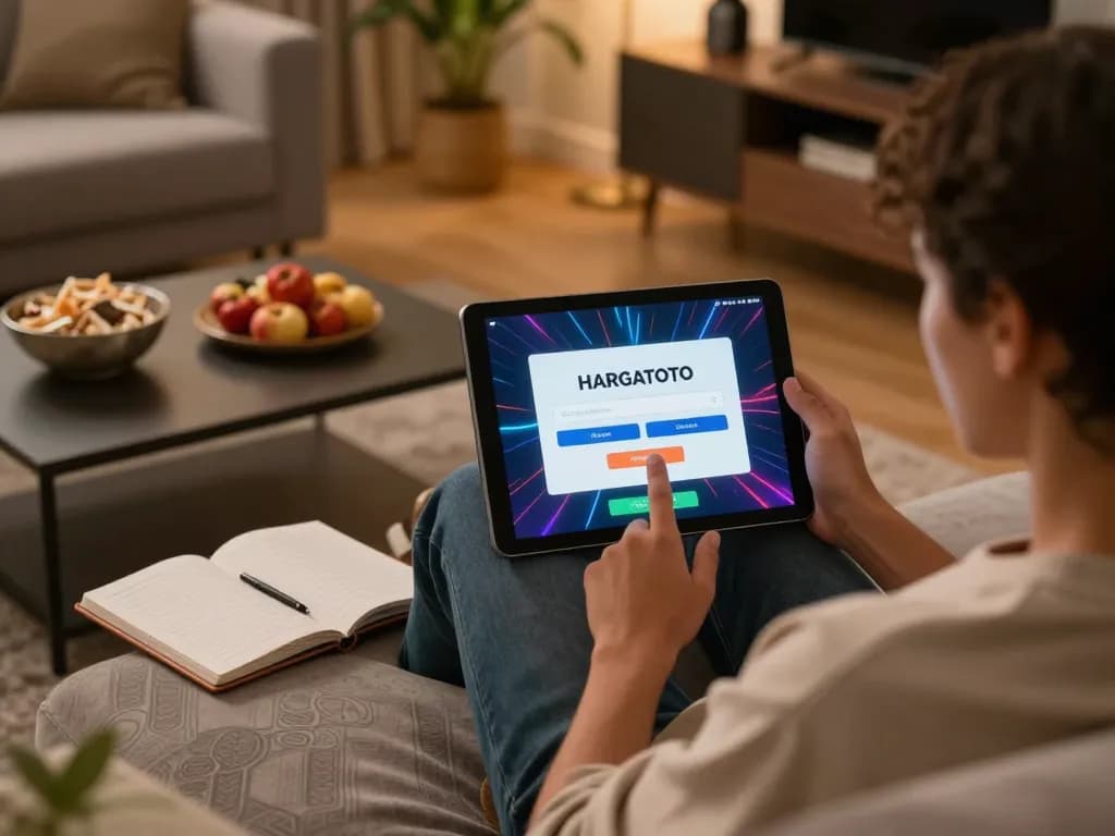 Layar login HARGATOTO ditampilkan di tablet selama sesi permainan online yang strategis