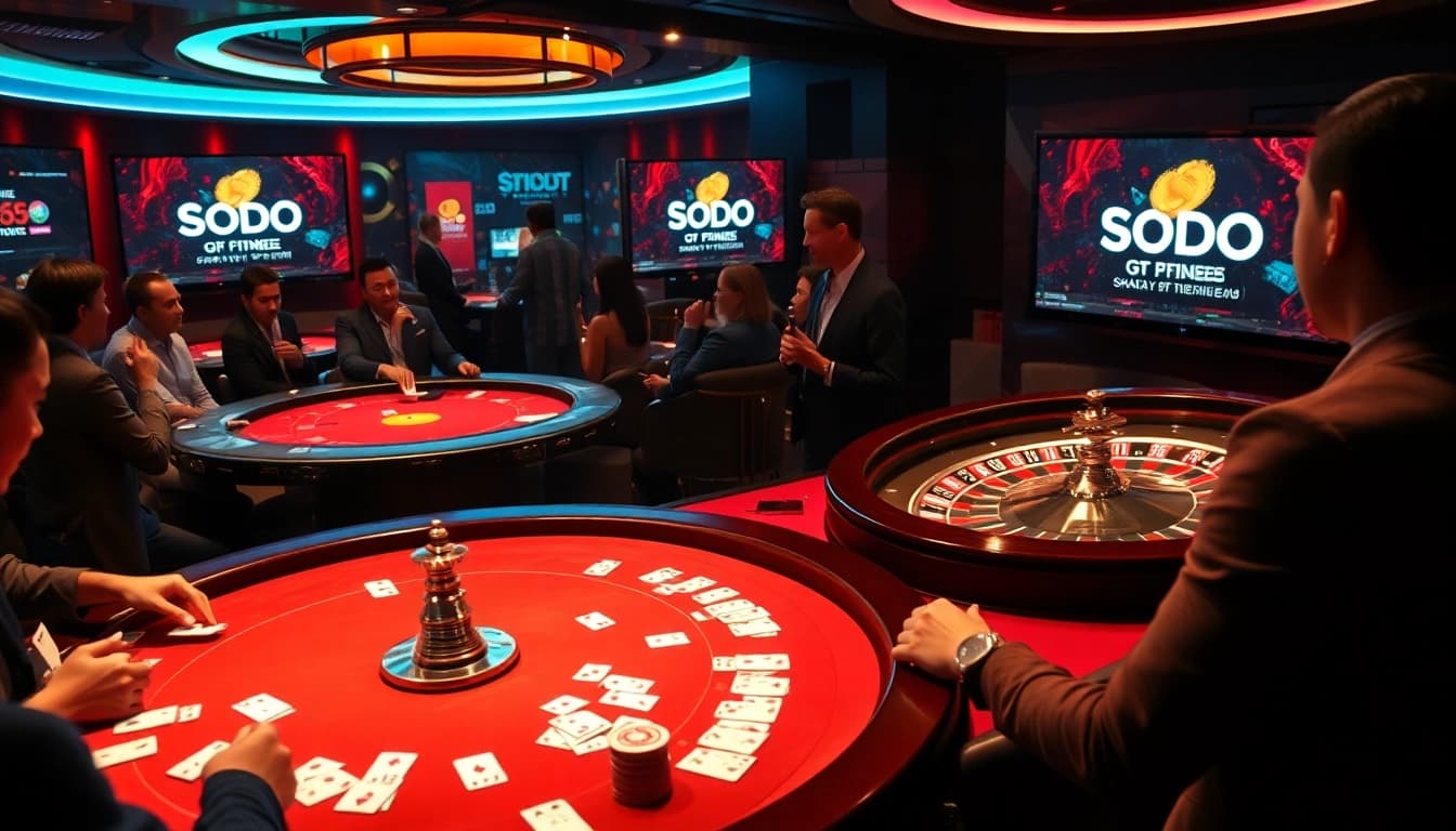 SODO casino scene with players engaging in poker, luxury ambiance, and high-quality gaming elements.