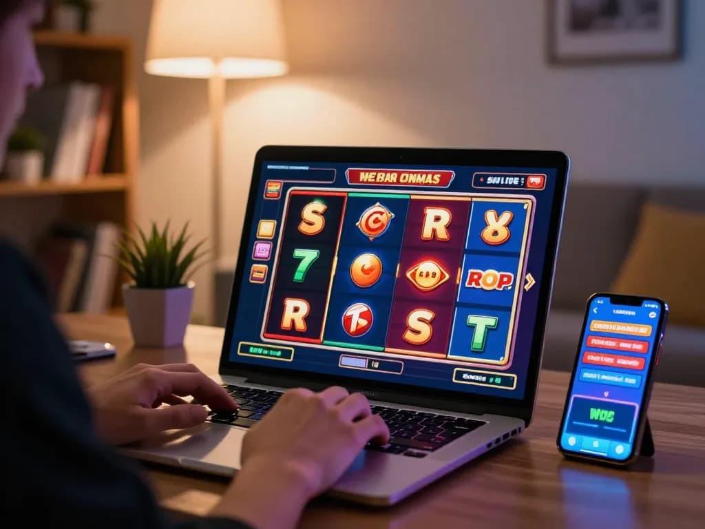 Player enjoying TG777 online slots on a laptop in a cozy home setting, highlighting engaging gaming experience