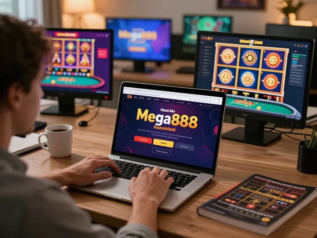 Logging into mega888 online login on a laptop in a modern home gaming setup.
