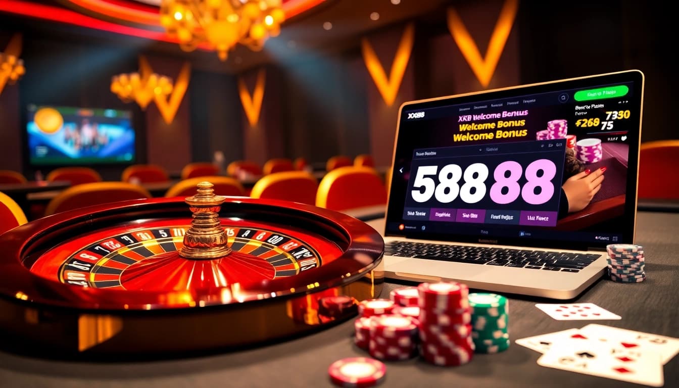 Exciting casino atmosphere showcasing XX88 58K welcome bonus with poker chips and roulette.