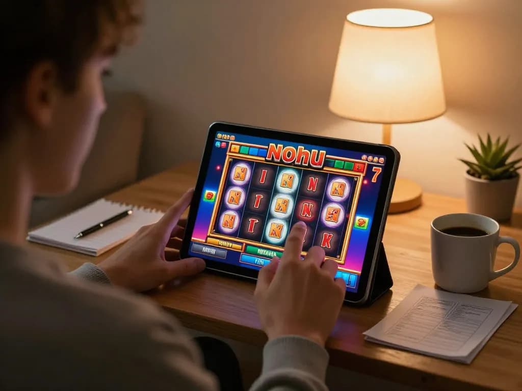Engaging nohu slot gaming experience with colorful reels spinning on tablet in cozy home setting