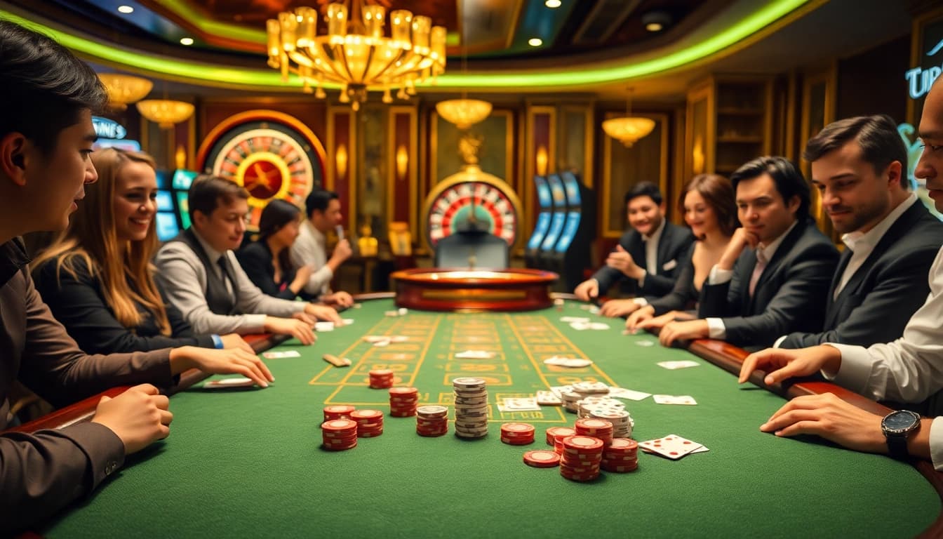 Players enjoying a thrilling game at MI88's luxurious casino table, with vibrant colors and professional ambiance.