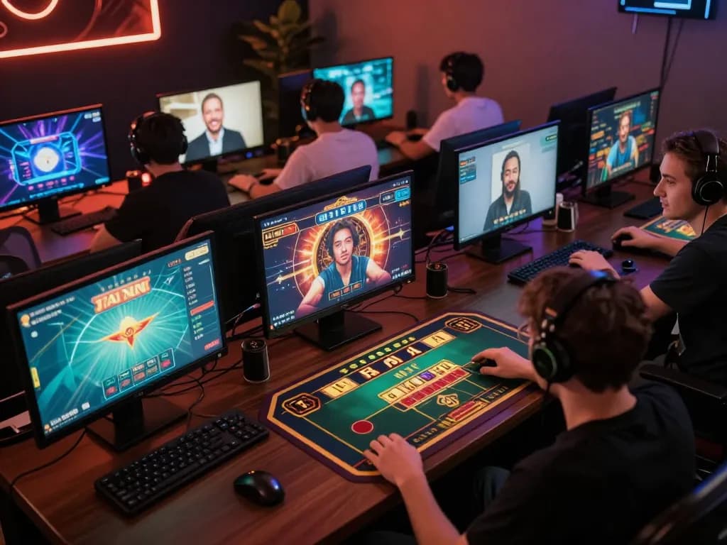 Tài Xỉu gameplay on multiple screens, showcasing players engaged in online betting activity in a vibrant setting.