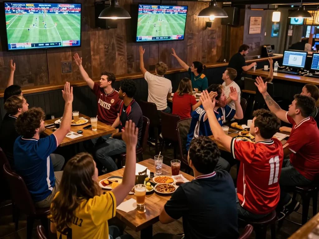 Fans engaging in sports betting excitement at 8xbet in a lively sports bar atmosphere.