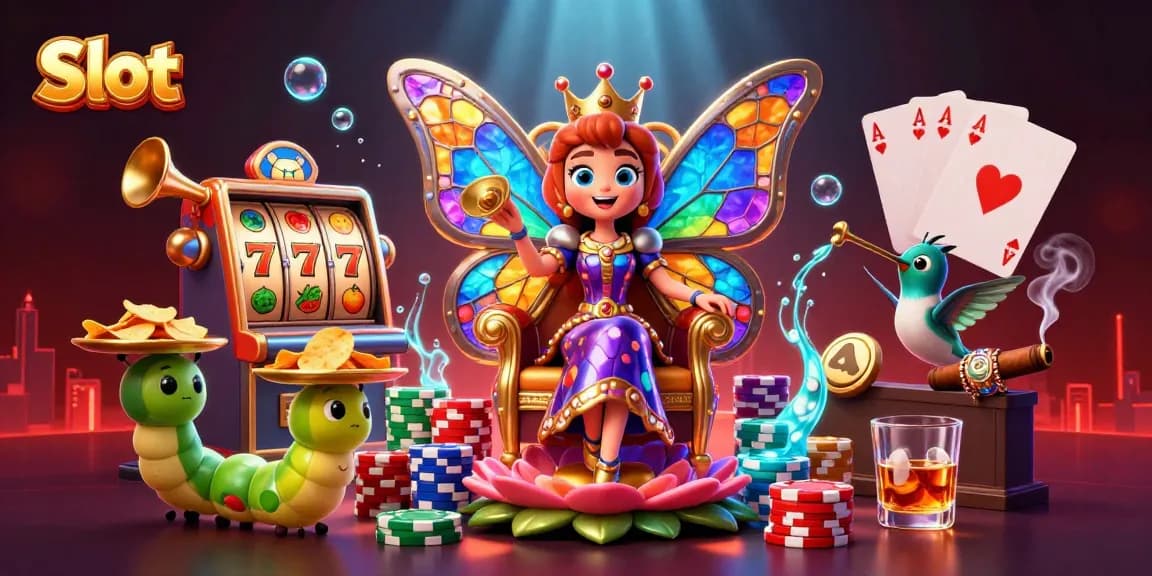 Spin the slot reels for fortune with a colorful, vibrant casino scene featuring a butterfly queen.