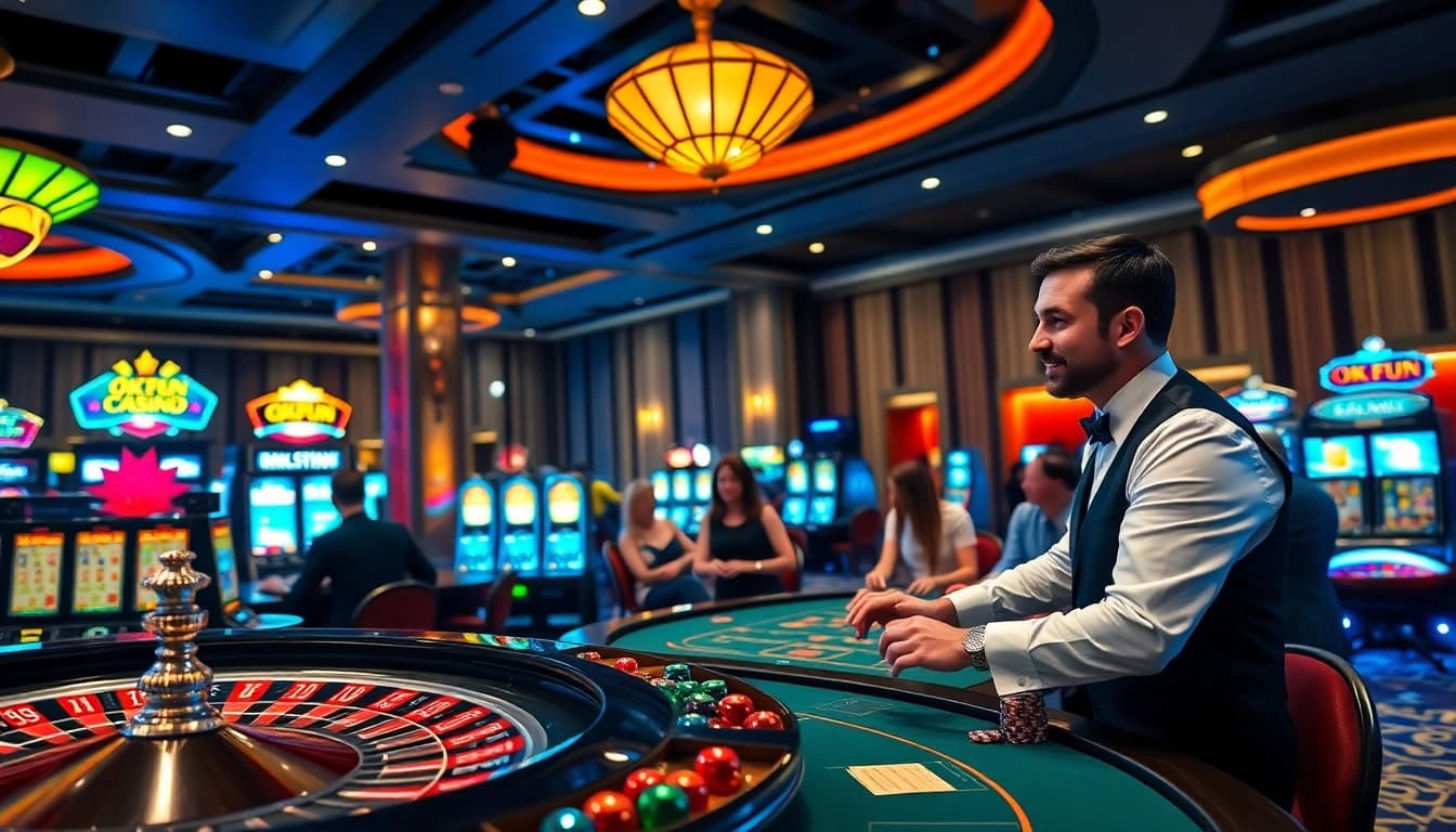 Engaged players enjoying a thrilling experience at OKFUN casino with poker and roulette tables.