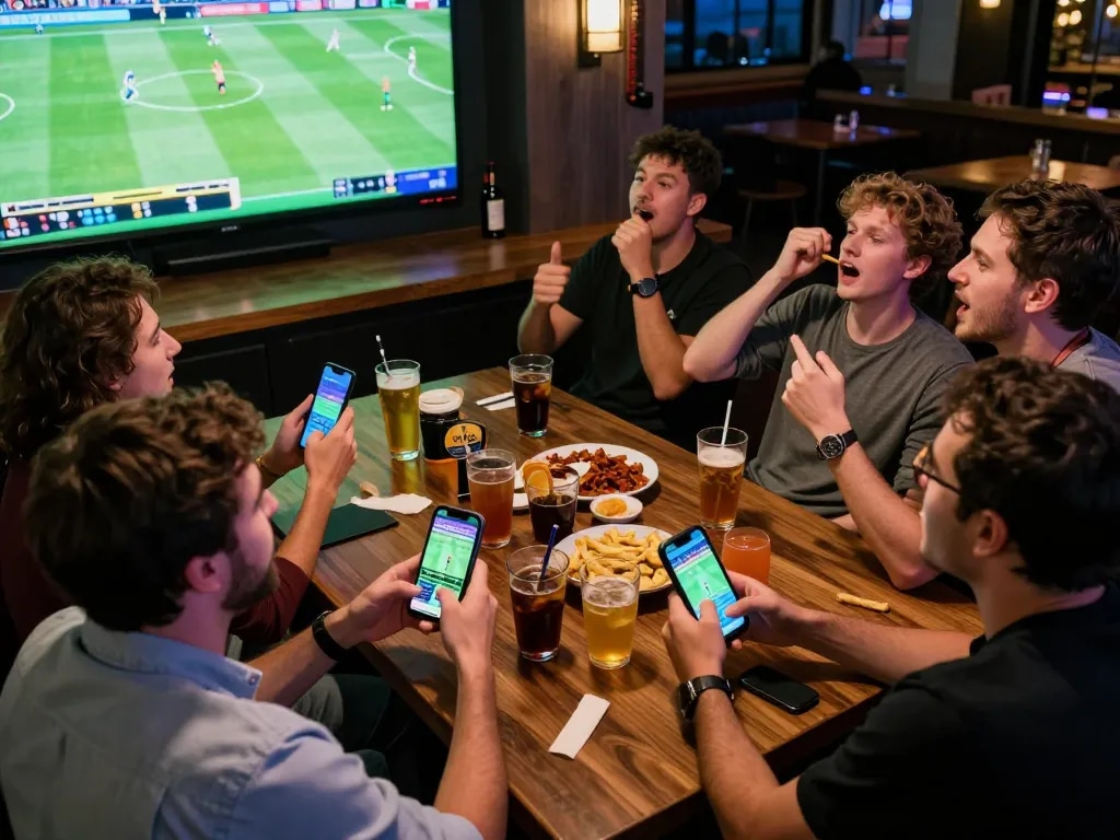 Exciting sports betting moment with friends using the SV368 app during a game.