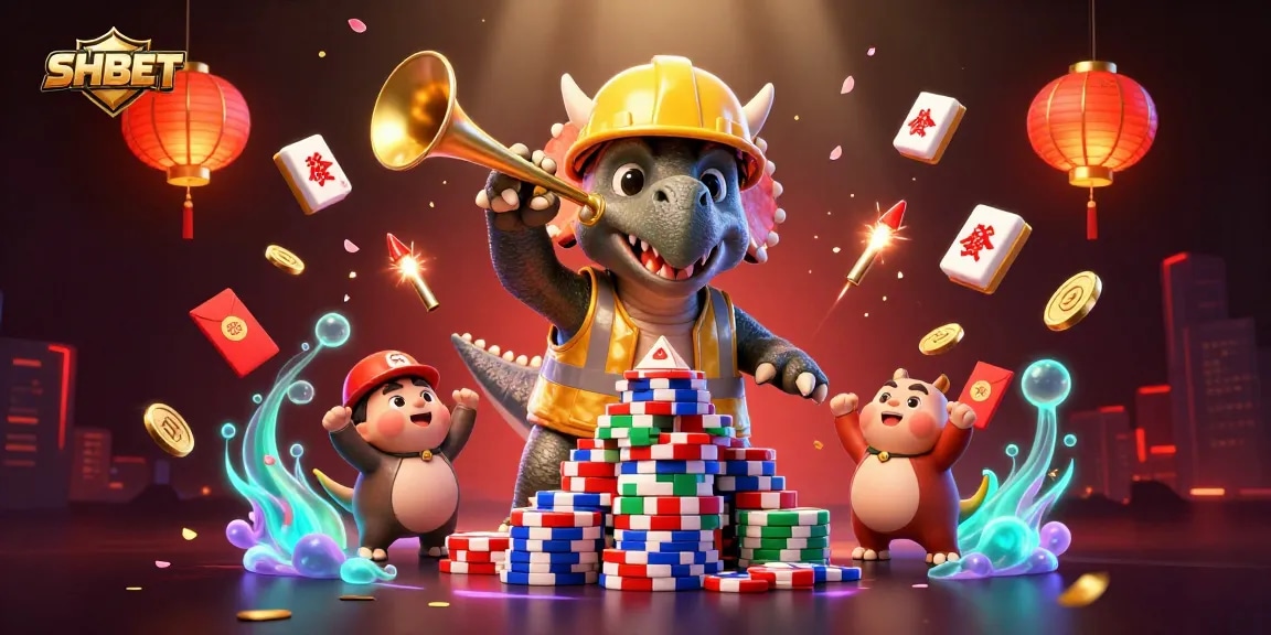 Exciting moment at SHBET: A 3D triceratops builds a poker chip pyramid in a festive scene.
