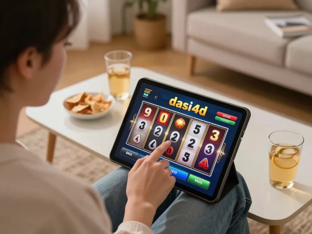 pemain slot dasi4d memutar gulungan di tablet dalam setting rumah yang nyaman, menampilkan permainan online yang menarik.