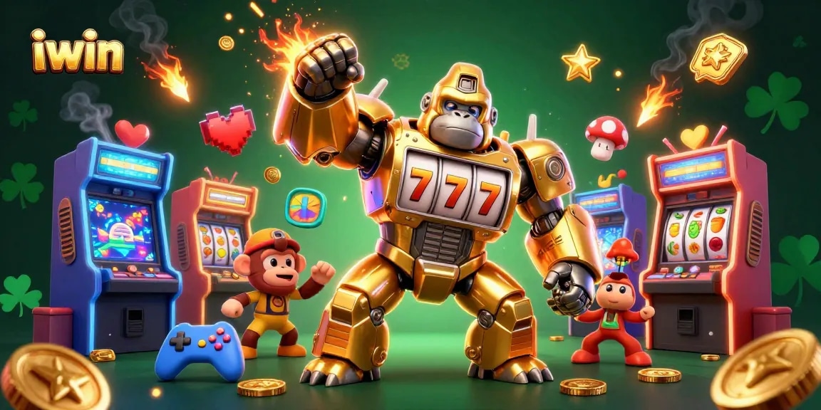 Engage with the thrilling iwin gaming experience featuring a golden mech and slot machines.