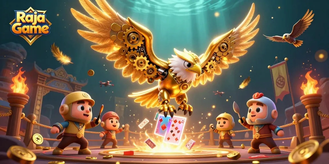 Engage with the Raja Game casino experience featuring a cybernetic eagle within a vibrant gaming scene.