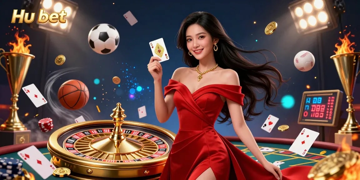 Engage with Hu bet at a luxurious casino featuring a stunning woman holding a golden playing card.