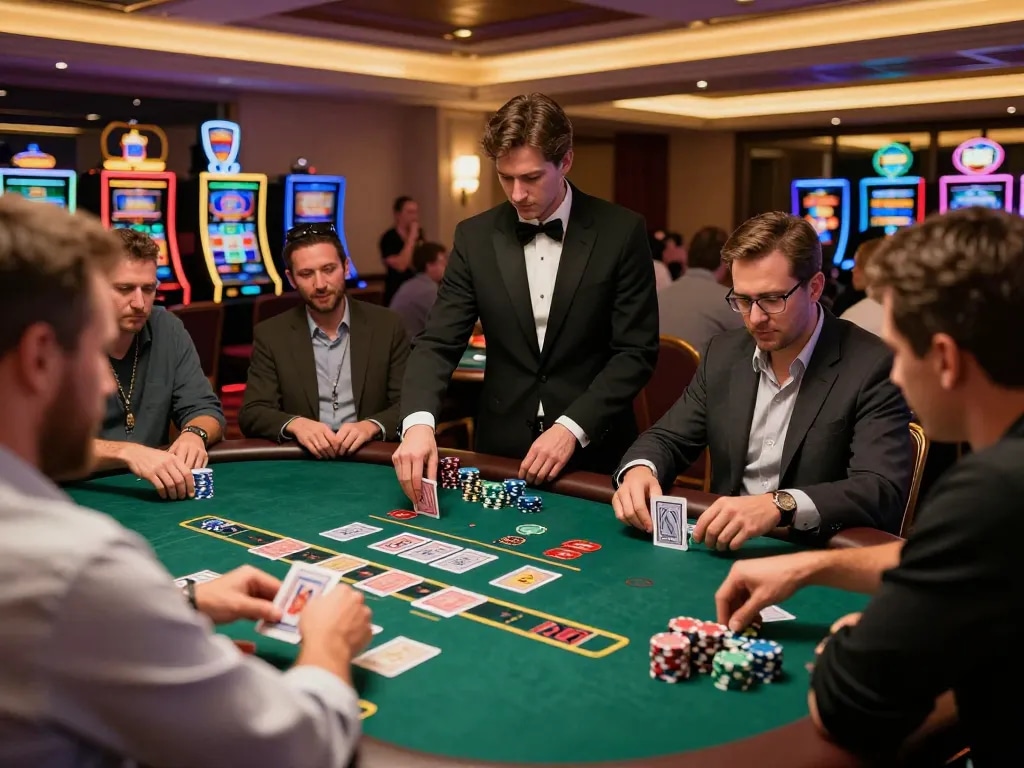 Players analyzing cards during an intense blackjack game at webtransportdeal casino, showcasing strategic gameplay.