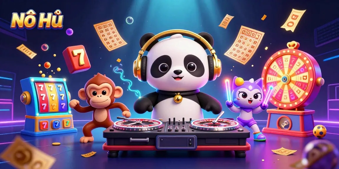 Experience excitement with Nổ Hũ as the DJ panda spins reels while winning tickets and confetti rain down in this 3D illustration.
