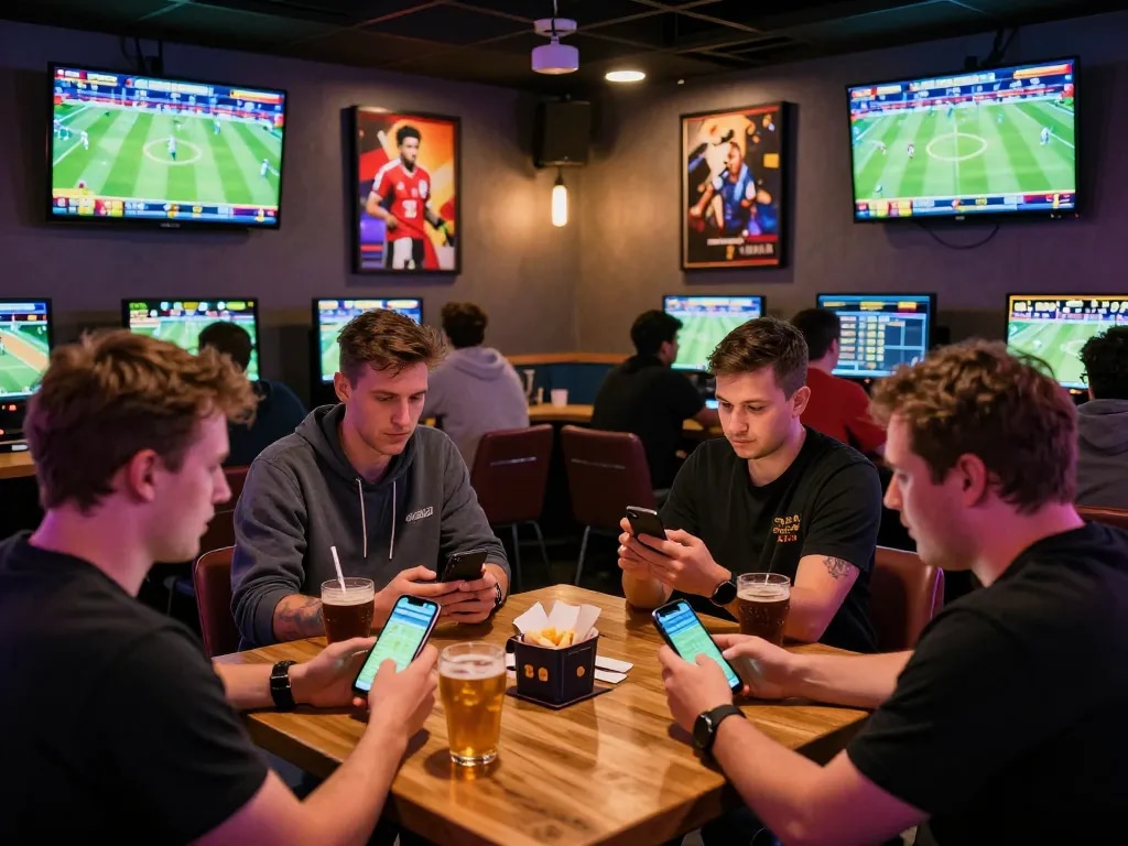 Engaged bettors using mobile apps for sports betting at BL555 in a lively lounge setting.