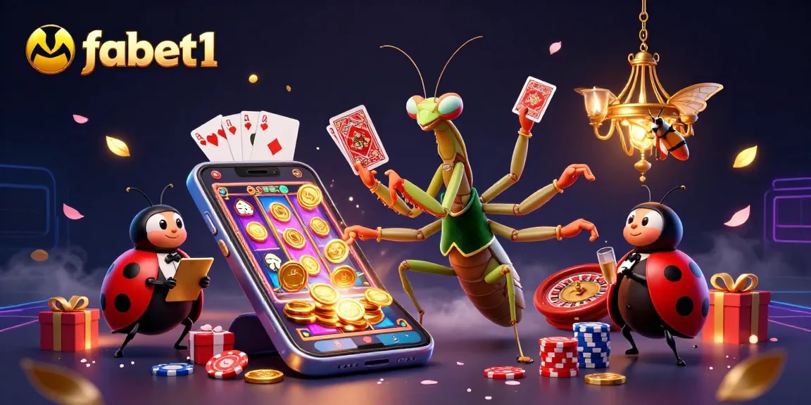 Experience excitement with fabet1 as the giant mantis sharp deals cards and pours champagne in an animated casino.