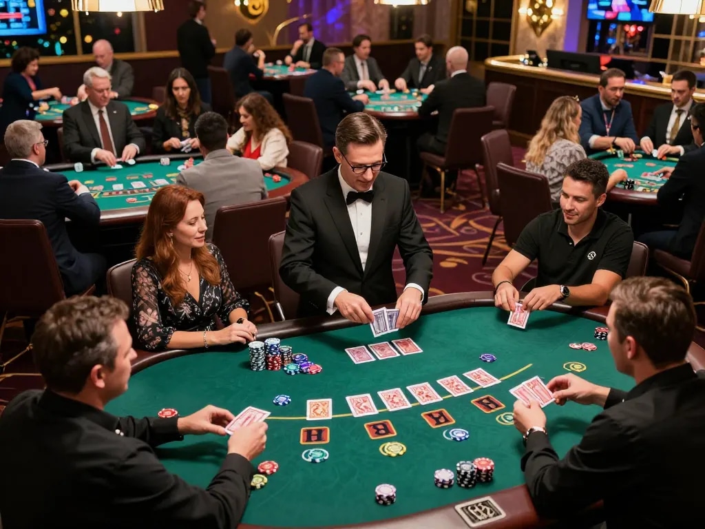 Players enjoying strategic gameplay at LC88 casino tables with engaging atmosphere.