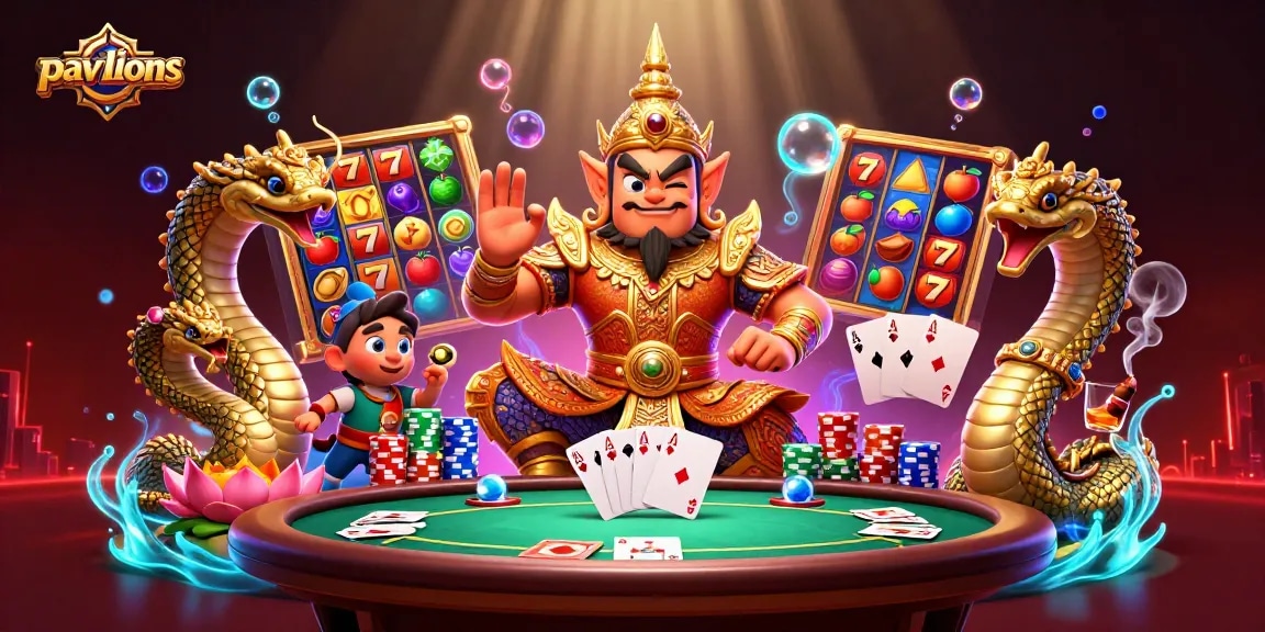 Pavilions showcases an extravagant scene of gaming action with vibrant slot reels and a Thai guardian.