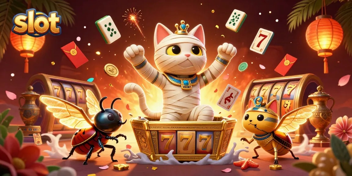 Slot dalam ilustrasi 3D dengan karakter kucing Mesir dan elemen kasino yang menarik, memicu keberuntungan besar