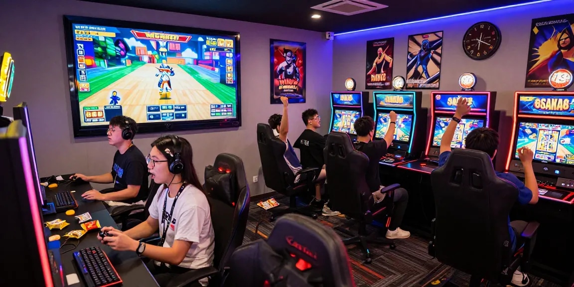 Players enjoying the OSAKA88 slot game in a vibrant gaming setup with colorful lights.