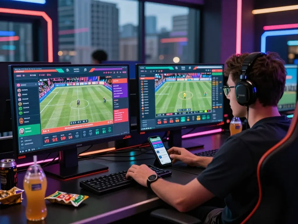 User engaged in online debet sports betting with multiple screens displaying live events and betting options in a vibrant gaming setup.