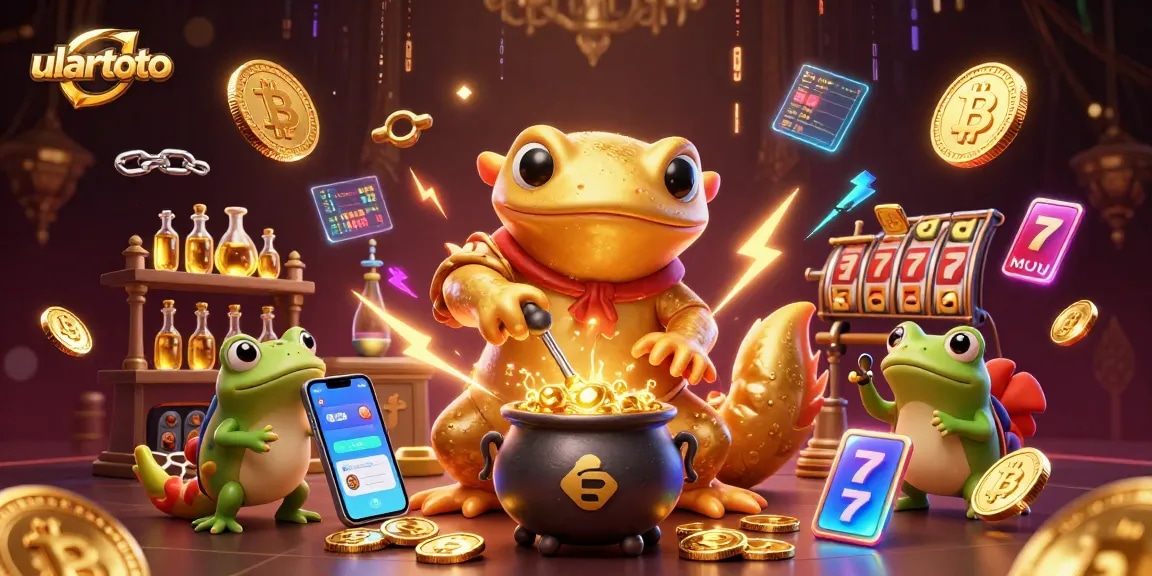 Play at ulartoto and win with slots surrounded by golden coins and vibrant crypto elements.