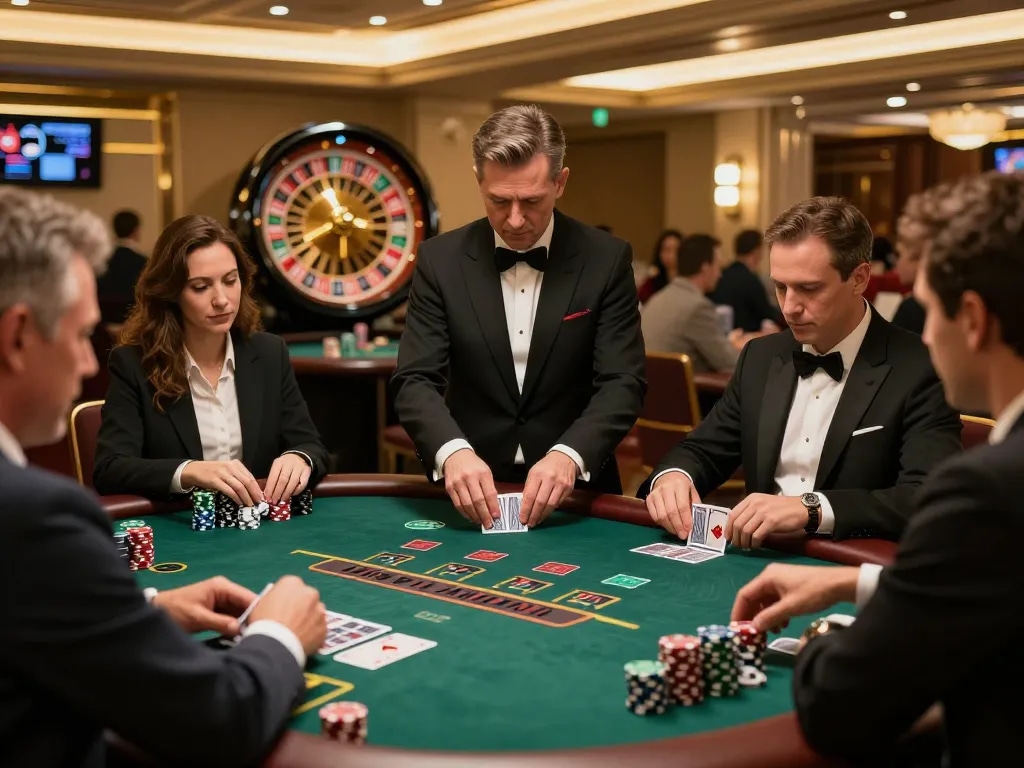 Các người chơi LUCK8 đặt cược chiến lược tại một bàn blackjack trực tiếp tinh tế trong một sòng bạc sang trọng.