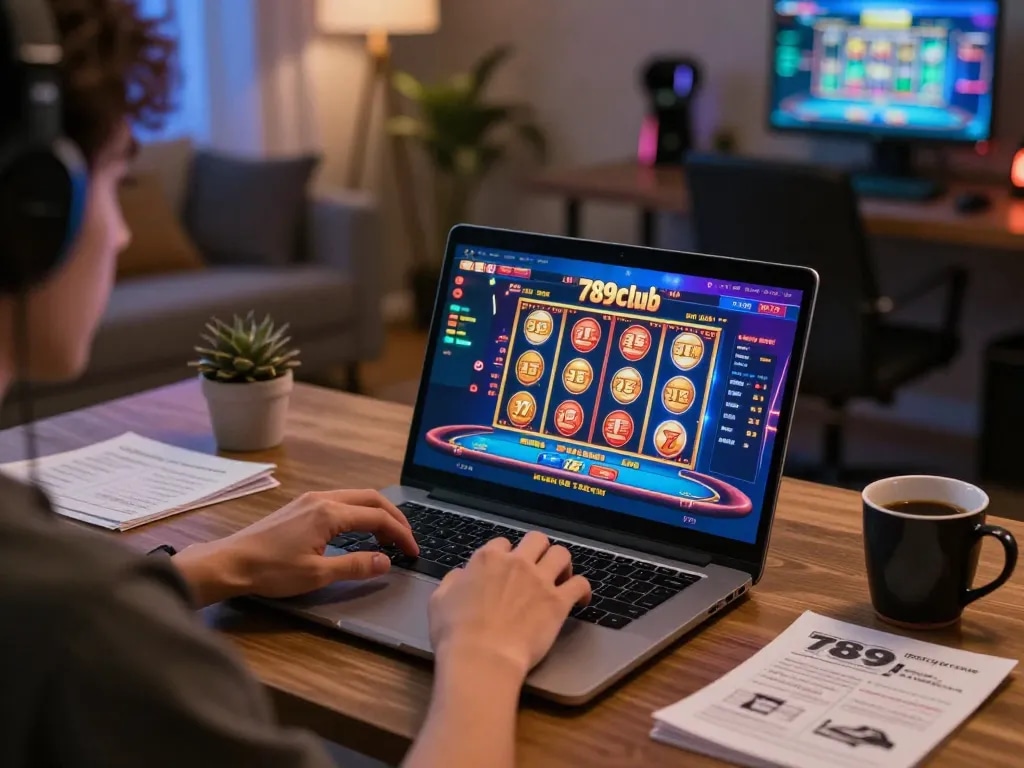 Engaging with 789club's online casino interface from a cozy gaming setup at home