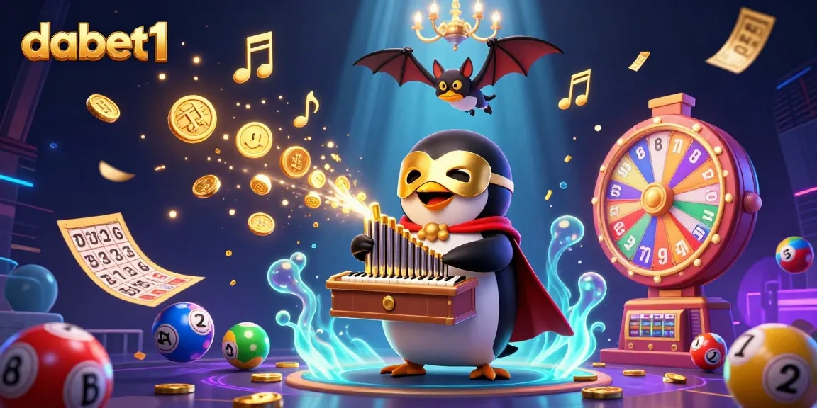 Experience excitement with dabet1 as a penguin plays an organ shooting golden coins above colorful lottery balls.