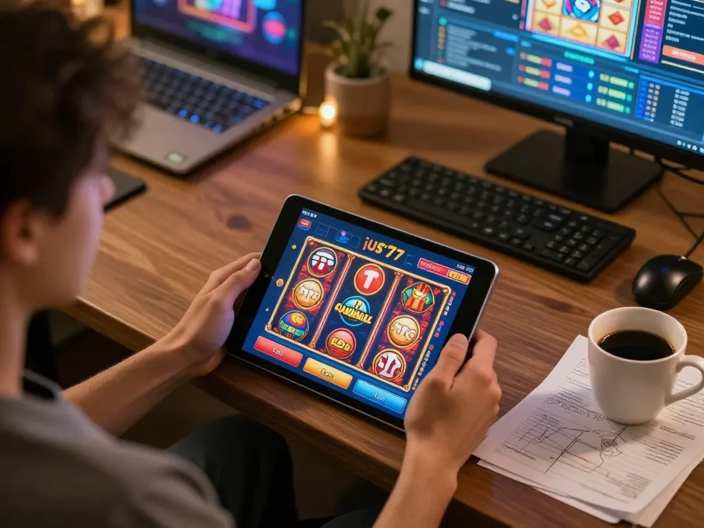 Player engaging in strategic gameplay on jus77's online platform, showcasing vibrant slot graphics and home comfort.