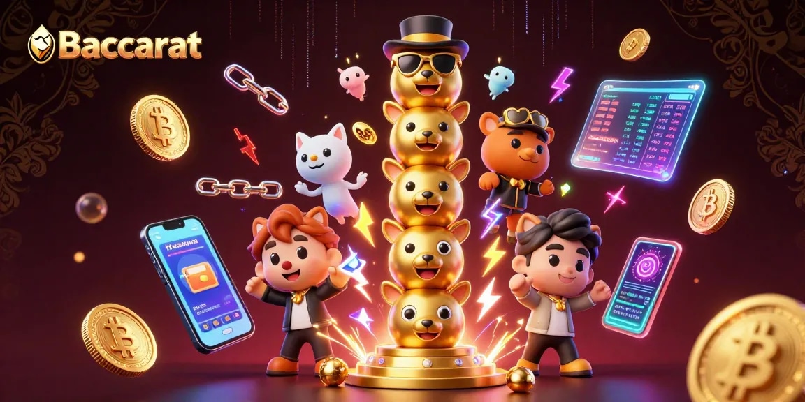 Baccarat gameplay with a colorful 3D totem pole surrounded by crypto coins and vibrant casino elements.