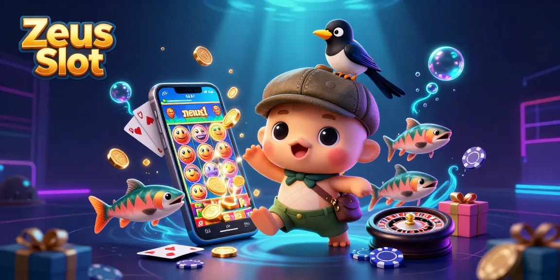 Experience Zeus Slot with cartoon Nessie, gold coins, and vibrant casino elements.