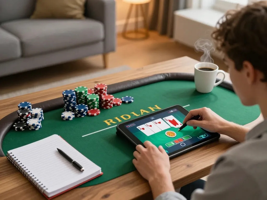 User enjoying poker on their tablet at home, representing nhà cái fun79 with strategic gameplay and comfortable setting.