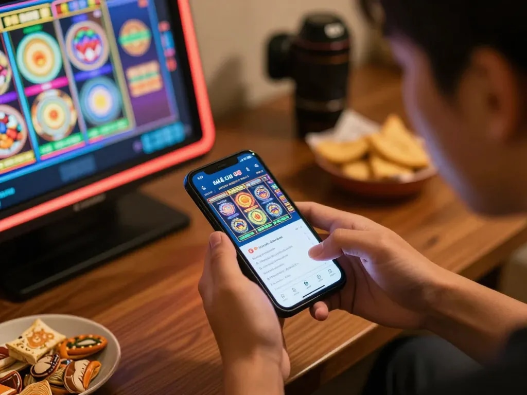 Person playing slots on Nhà cái O8 mobile app, enjoying responsible gaming at home.