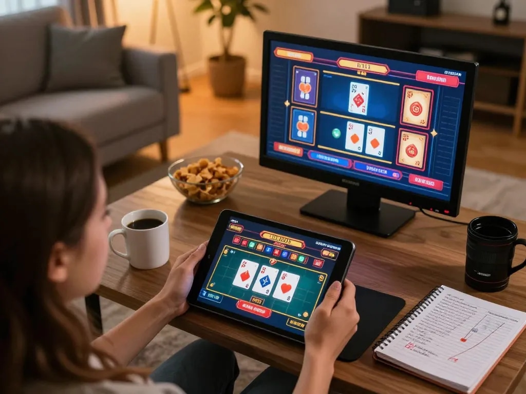 Engaged player enjoying casinoer uden rofus on a tablet, cozy home gaming setup.