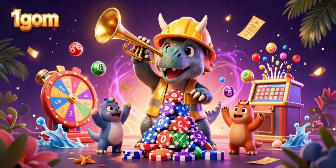 Engage with the vibrant world of 1gom as colorful fun elements surround a joyous celebration scene.