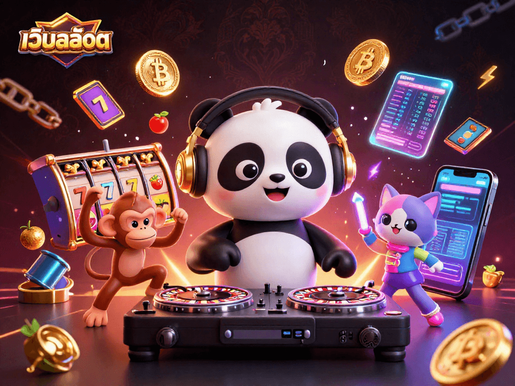Spin to win at เว็บสล็อต with our DJ panda, breakdancing monkey, and glow-stick kitten in an electrifying scene!