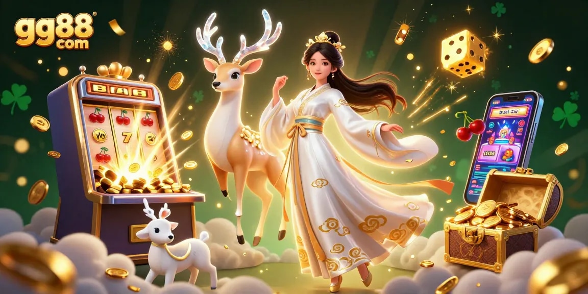 Experience winning thrills at gg88 com with a vibrant 3D casino illustration featuring dynamic game elements and characters.