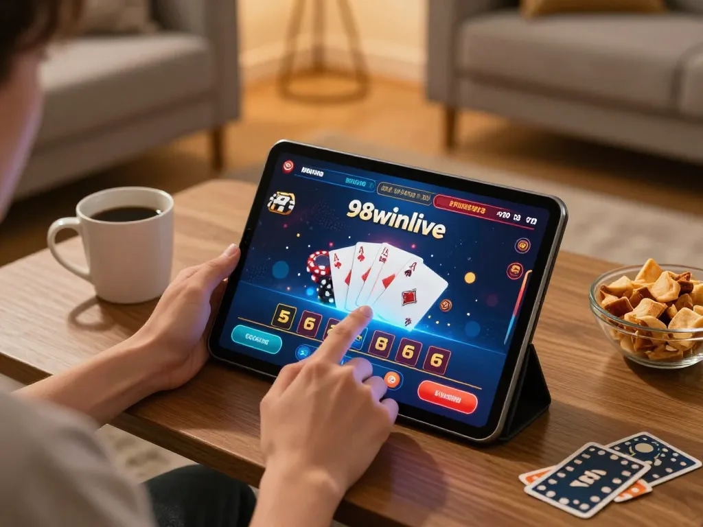 Engaging with 98winlive casino app on tablet, dynamic online gaming atmosphere