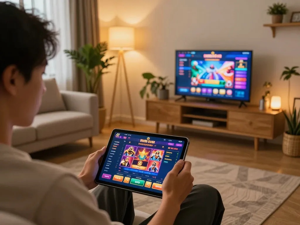 Player enjoying BK8 casino games on tablet in a cozy home environment, highlighting responsible gambling.