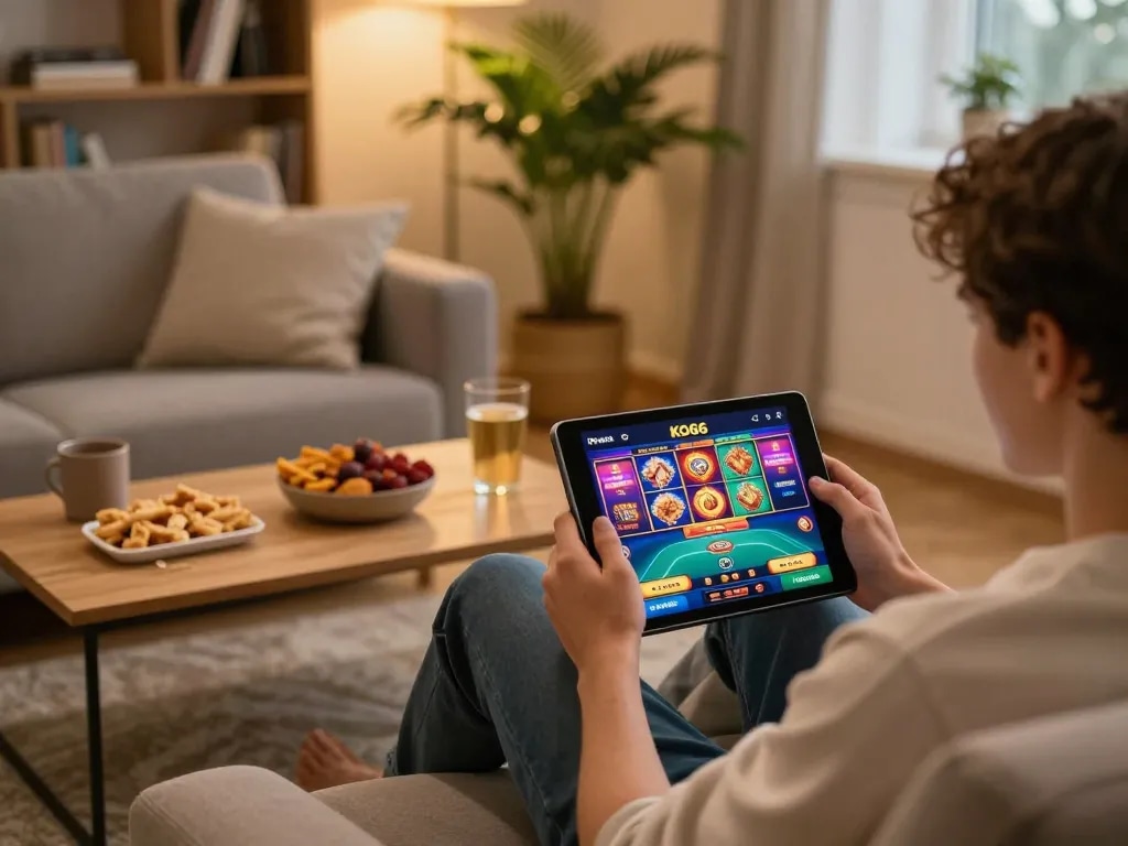 Người chơi tham gia sử dụng ứng dụng casino KO66 trên máy tính bảng, thể hiện trải nghiệm chơi game tương tác tại nhà.