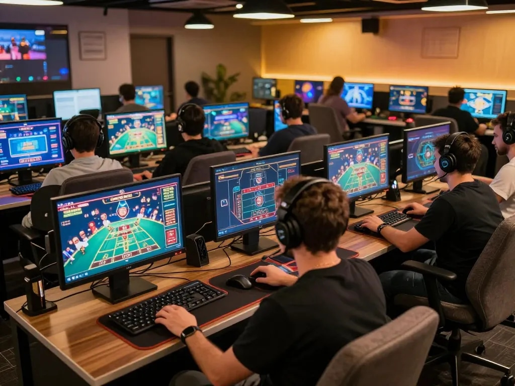 Players engaged in strategic gameplay on 8xbet's online casino, showcasing live dealer action in a modern gaming setup.