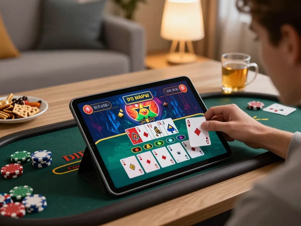 Player enjoying live blackjack on LV88 tablet in modern living room, showcasing interactive online gaming experience.