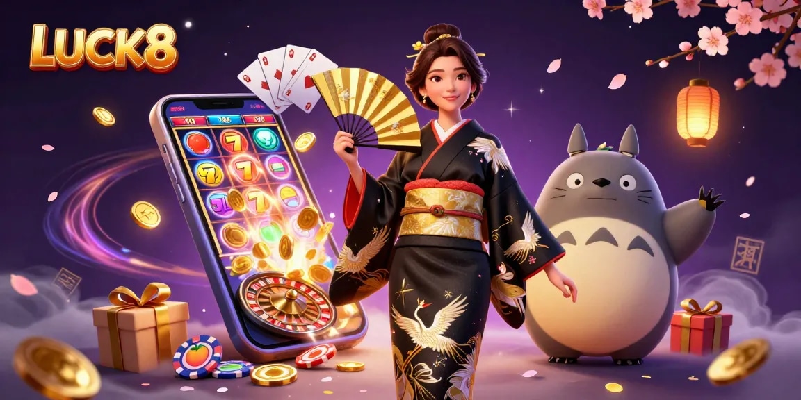 LUCK8 offers a colorful gaming experience featuring slots, with golden coins and lucky symbols.