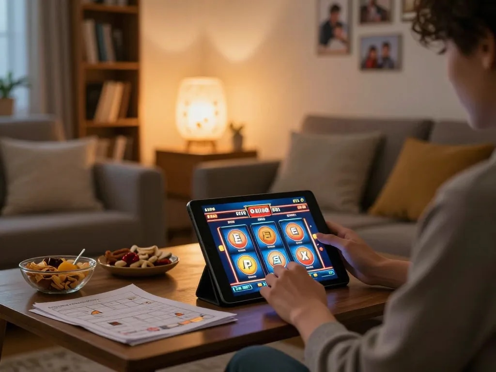 Engaging in online slots at home with Tempo 123, highlighting a relaxed gaming atmosphere