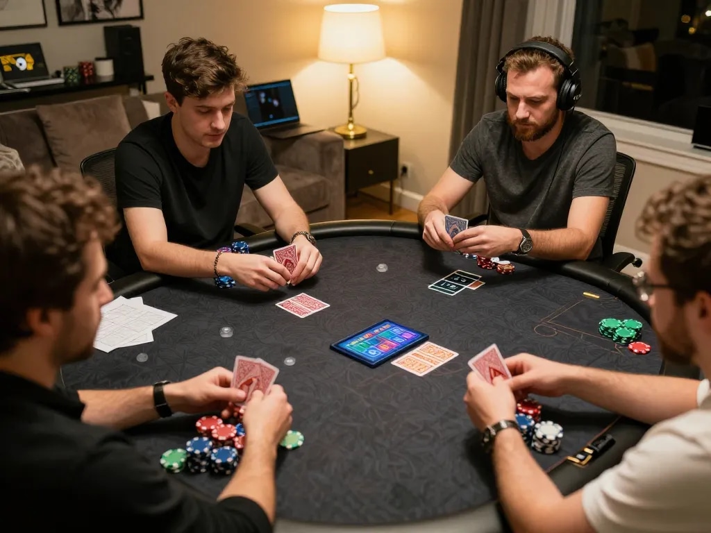 Players enjoy a thrilling online poker game at home, engaging with botanicabali app for real-time strategy.