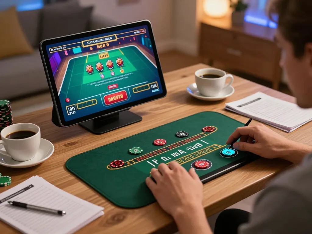Engaging online gaming session at nhà cái 5679, showcasing a player at home using a tablet for blackjack